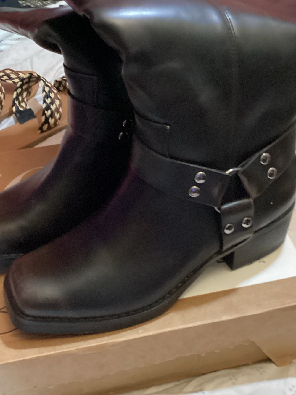 Black Harness Ankle Boots with Metal Accent